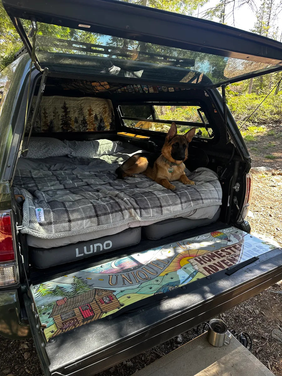 A brown and black dog relaxes on a bed setup in the back of a truck with an open tailgate. The bed has a gray comforter and the truck's bed liner is decorated with forest-themed artwork. Nearby, there's a stainless steel mug on the ground in a wooded area.