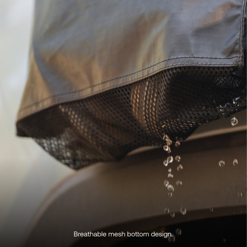 Close-up of the Luno® Gear & Shoe Storage Bag featuring a breathable mesh bottom, with water droplets falling through. Text at the bottom: "Breathable mesh bottom design.
