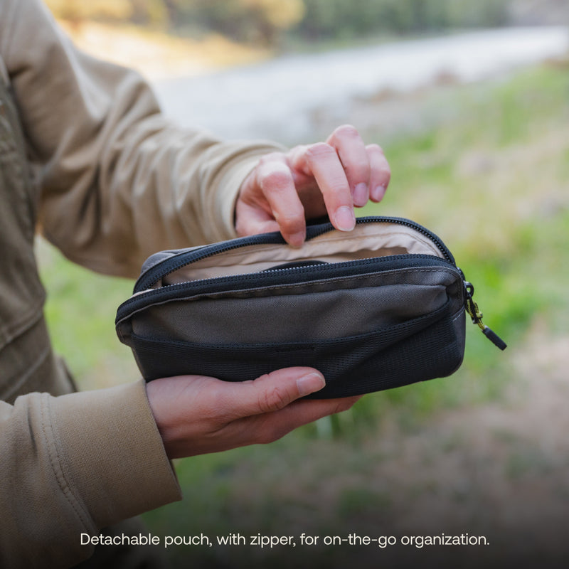 A person holding a detachable pouch with a zipper, set outdoors with a blurred background of grass and trees. Caption at the bottom reads: "Perfect for on-the-go use, the Luno HQ Pre-Owned Headrest Organizer offers practical organization solutions that are easy to install.