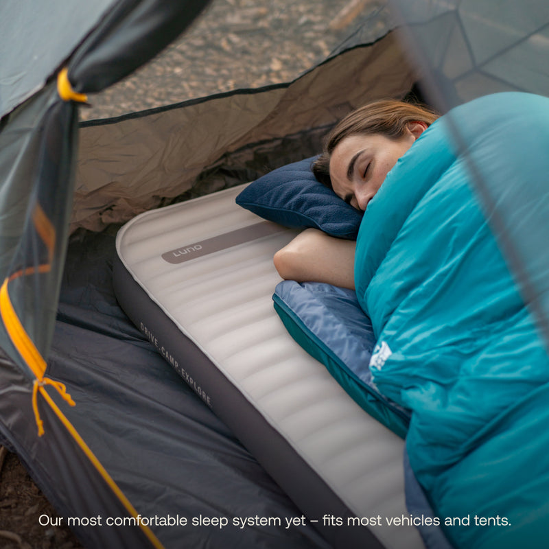 A person is sleeping inside a tent on a Luno® AIR+FOAM PRO Camping Mattress with a pillow and blue sleeping bag. The image, taken from the tent entrance, depicts a serene outdoor setting. Text at the bottom reads, "Our most comfortable sleep system yet – fits most vehicles and tents.