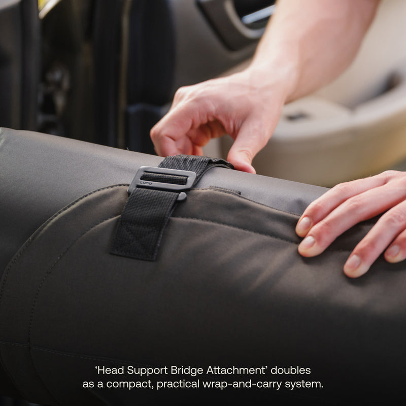 The Head Support Bridge Attachment doubles as a compact, practical wrap-and-carry system for your AIR+FOAM Pro Jeep Wrangler Mattress.