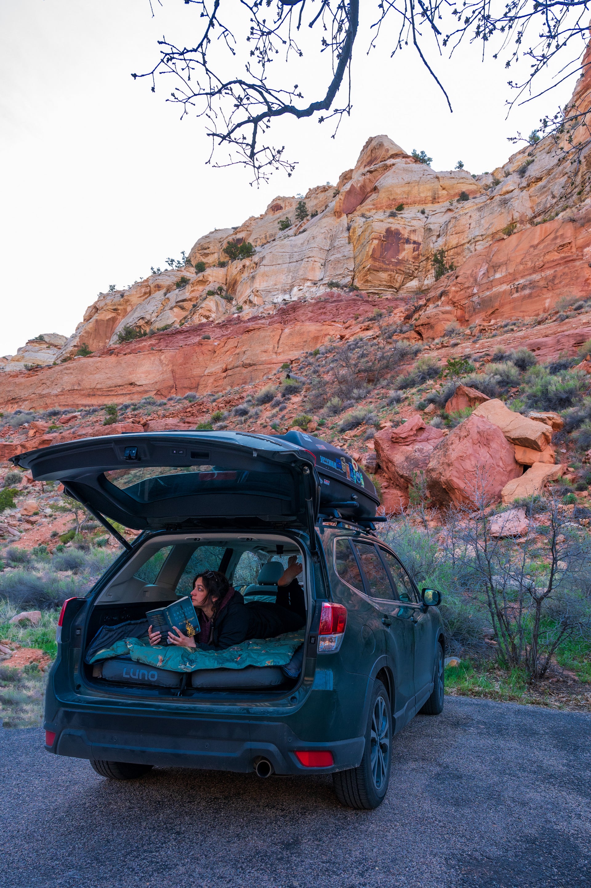 A person lies in the trunk of an SUV equipped with a mattress, reading a book. The car is parked near colorful rock formations and bushes, with the rear hatch open. The scene appears to be in a scenic, rocky outdoor area, possibly a national park.