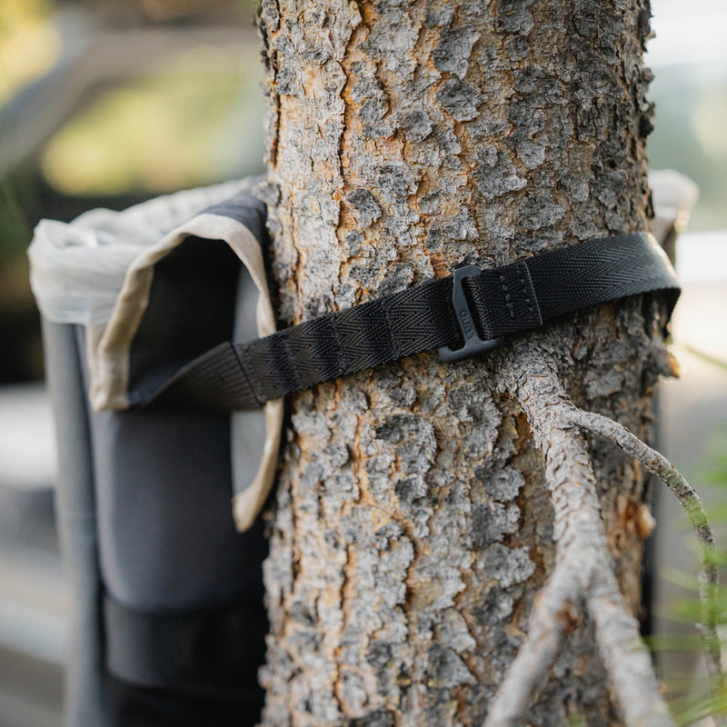 A black strap with a plastic buckle secures the Car Trash Can, made from upcycled gray fabric, to the trunk of a tree as sunlight highlights the bark and the outdoor background appears blurred.