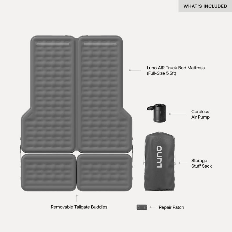 Top-down view of the Luno® AIR Truck Bed Mattress, designed for full-size 5.5 ft truck beds. Shown with cordless air pump, storage sack, and repair patch. Labeled features highlight its convenience and comfort.
