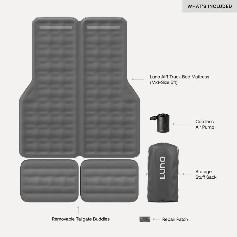 Top-down view of a Luno® AIR Truck Bed Mattress set, including a two-section mattress for truck beds, two removable tailgate buddies, a cordless air pump, storage sack, and repair patch.