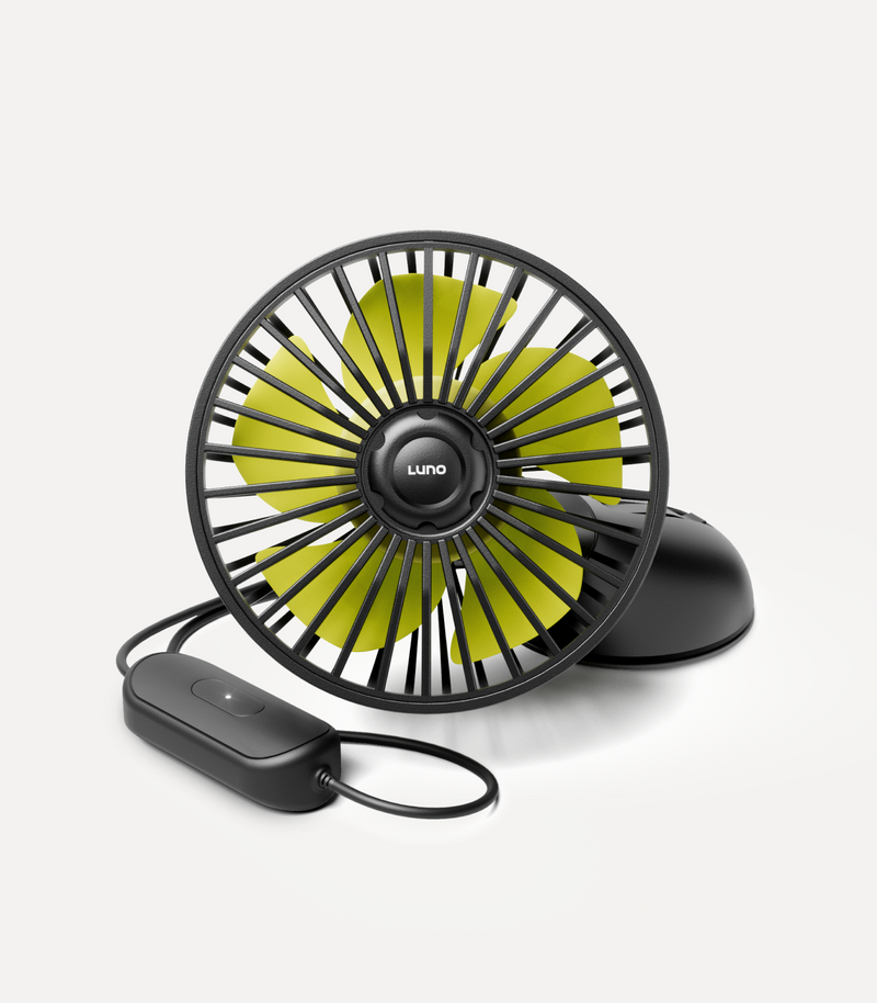 A black portable fan with bright yellow blades and a circular cage is angled for display on a white background. Attached to the fan is a black power switch on a cord. The brand name "Luno" is visible on the fan's central hub.