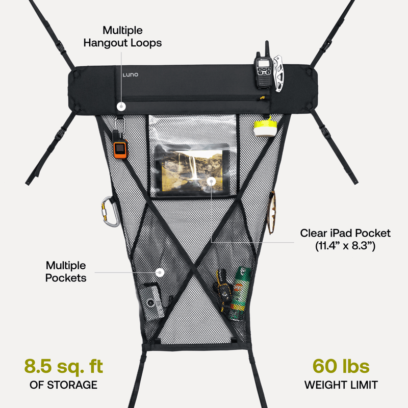 The Cargo Hammock (Pre-Owned) by Luno HQ includes various hangout loops, numerous pockets such as a clear iPad pocket (11.4” x 8.3”), and can support up to 60 lbs. With its 8.5 sq. ft. of space, it's like having a portable gear shelf wherever you go.
