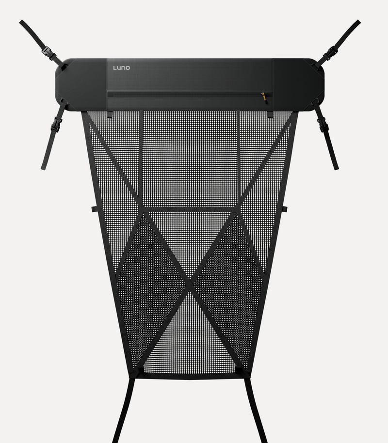 A vertical black mesh panel with triangular patterns extends from a rectangular black device labeled "Luno" at the top. Straps are visible extending from the upper corners of the device. The background is plain white.