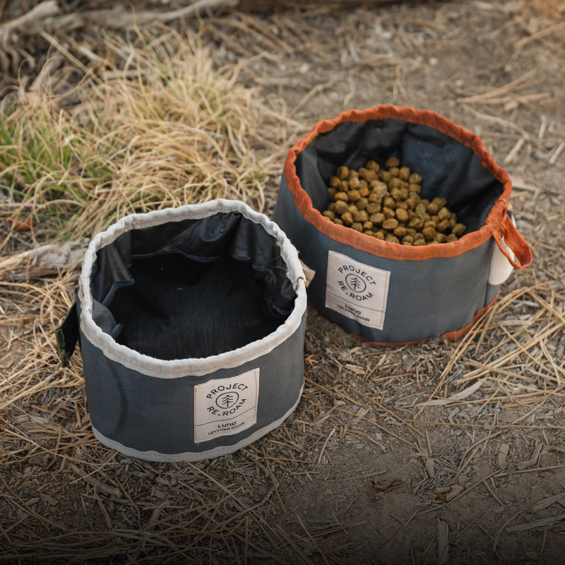 Two collapsible, eco-friendly dog bowls from Luno HQ are placed on the ground. The left bowl is empty with a white trim, while the right bowl, with a red trim, contains dry dog food. Both portable bowls feature the "Luno HQ" logo. The surrounding area has dry grass and dirt.
