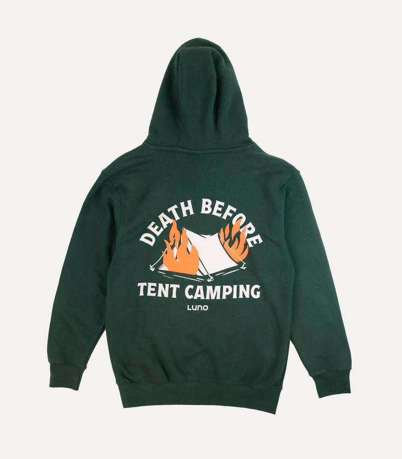 A dark green hooded sweatshirt displayed from the back. The back features an illustration of a burning tent with the text "DEATH BEFORE TENT CAMPING" above it, and "LUNO" below it. The design uses white and orange colors.