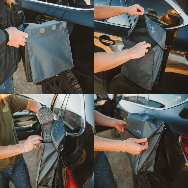 Four images feature the Luno HQ Gear & Shoe Storage Bag, a gray pre-owned item that attaches to car doors, unfolds with suction cups, and stores muddy shoes. Enjoy convenient USA shipping while it's secured to your vehicle.
