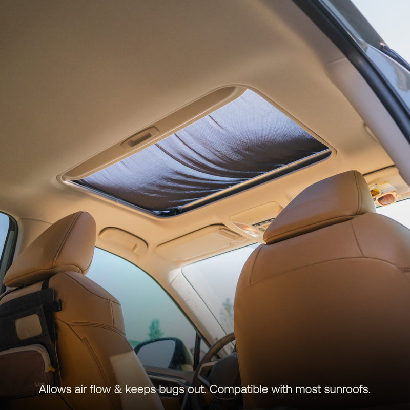 The perspective from inside the vehicle showcases a Luno HQ Sunroof Window Screen (Pre-Owned) with a partially opened mesh sunshade. The interior features tan leather seats. The accompanying text states, "Allows airflow & blocks insects. Compatible with most sunroofs.