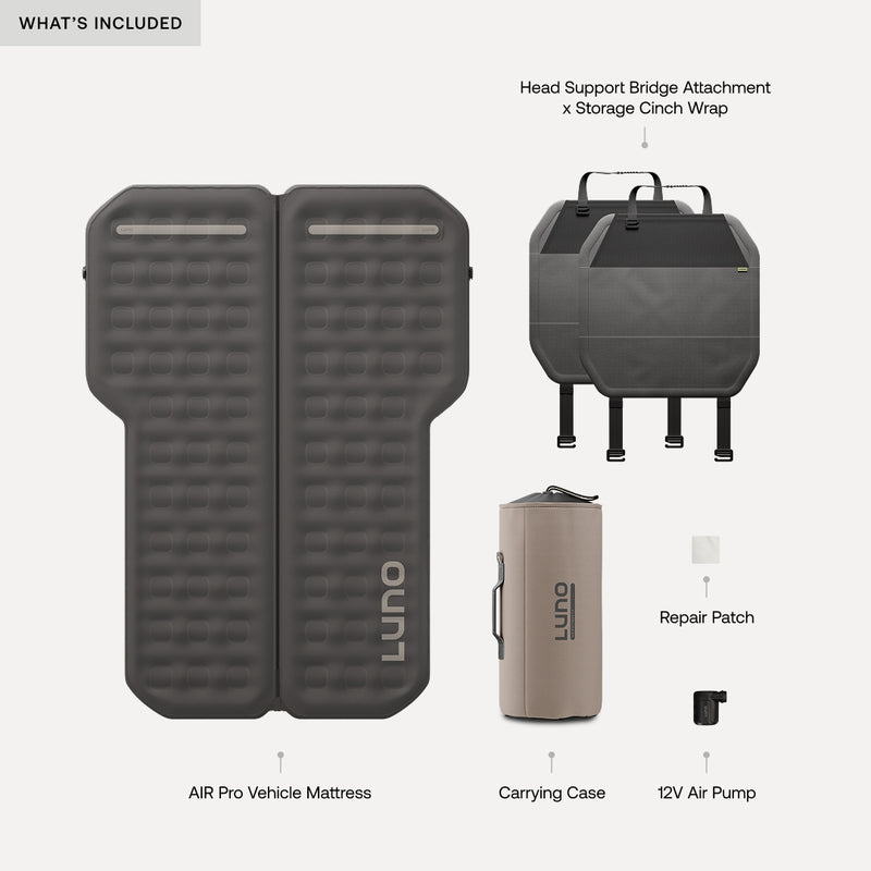 The product set includes the Luno® AIR Pro Vehicle Mattress for a cozy sleeping space, featuring a head support bridge with storage, a repair patch, carrying case, and 12V air pump.