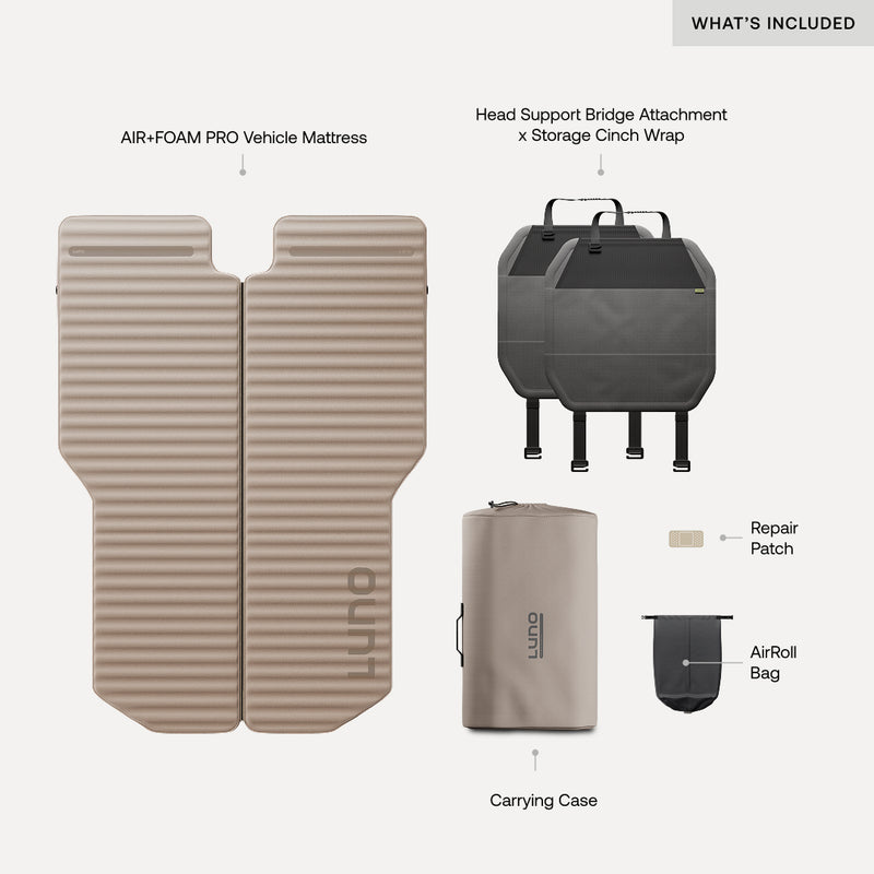 The image shows the contents of the Luno® AIR+FOAM PRO Jeep Wrangler Mattress sleep system, which includes a mattress, head support bridge with storage wrap, repair patch, AirRoll bag, and carrying case.