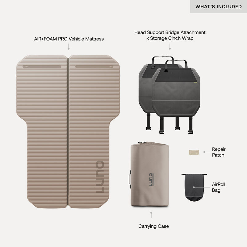 The Luno® AIR+FOAM PRO Vehicle Mattress set includes a beige ribbed premium mattress, two black seatback attachments, a repair patch, rolled storage bag, and carrying case—each clearly labeled to show what’s included.