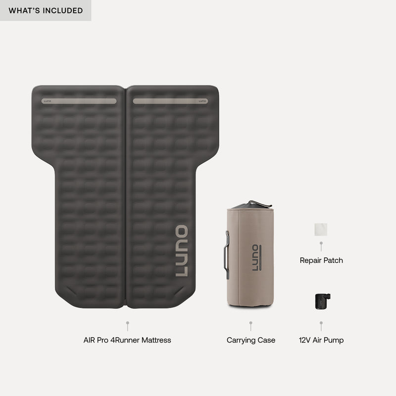 The Luno® AIR Pro 4Runner Vehicle Mattress appears with a tan carrying case, compact black 12V air pump, and repair patch under the heading "WHAT'S INCLUDED.