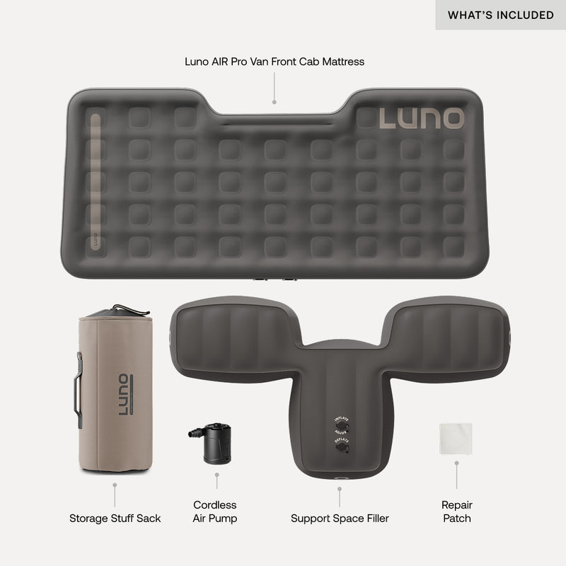 Overhead view of the Luno® AIR Pro Van Front Cab Mattress, a van bed with storage sack, cordless pump, support space filler, and repair patch for extra sleeping space on the road.