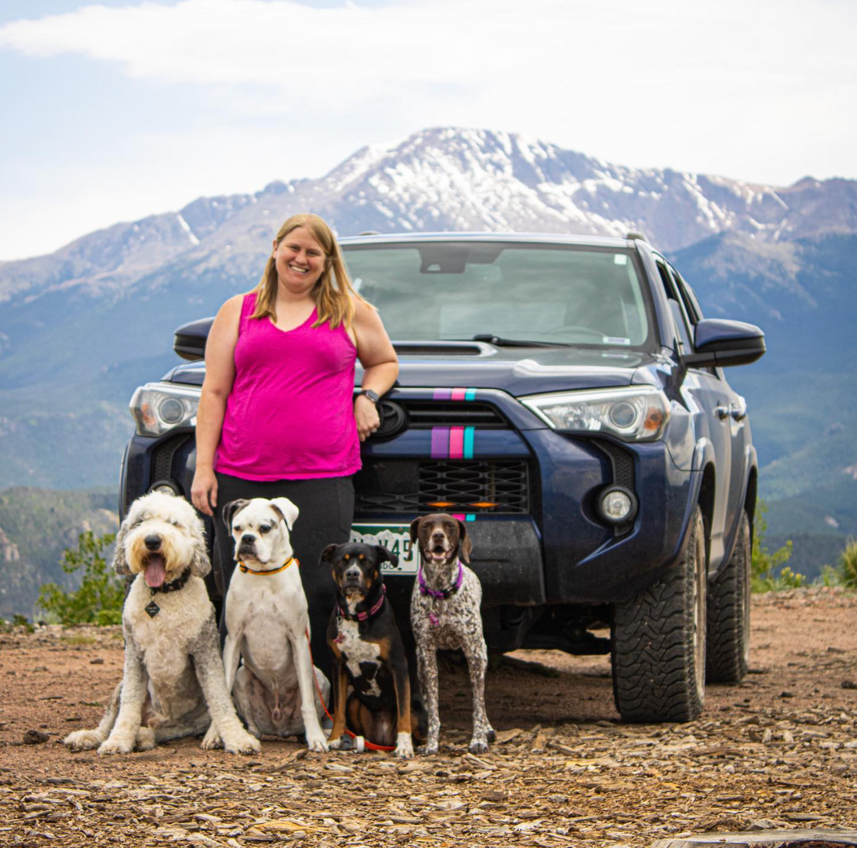 A woman in a pink top stands in front of a dark SUV with four dogs of various breeds sitting beside her. Snow-capped mountains and a partly cloudy sky are visible in the background. The scene suggests a outdoor adventure or hiking trip.
