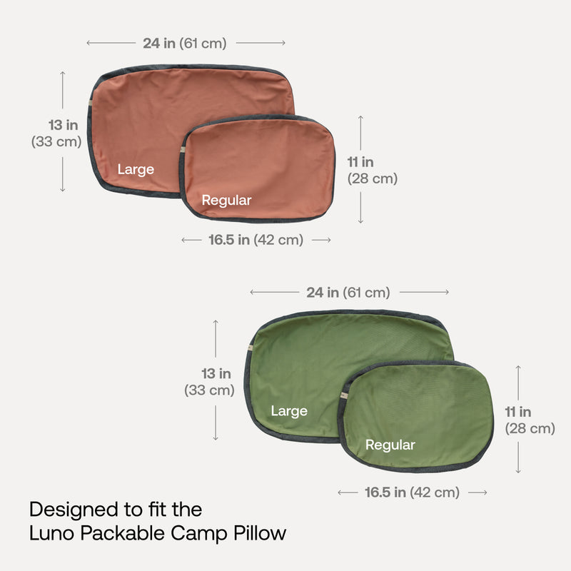Two pillowcase sets are displayed, labeled "Large" and "Regular." The top set is orange, and the bottom is green, both made from a moisture-wicking jersey knit polyester blend. Sizes in inches and cm. Text below states they are "Designed to fit the Luno® Camping Pillowcase.