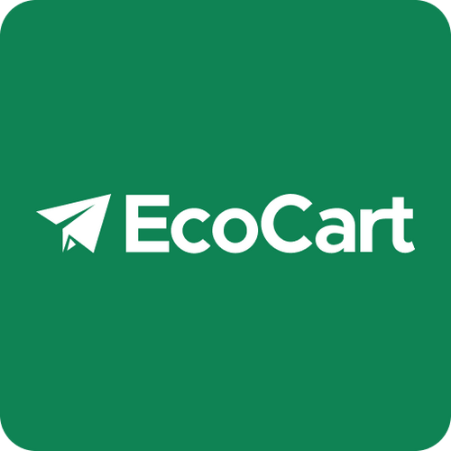 The green square logo has rounded corners for a sleek touch, featuring a white paper airplane graphic on the left and the text "EcoCart" in bold white font on the right, representing their Carbon Neutral Order product and embodying their commitment to offsetting your carbon footprint.